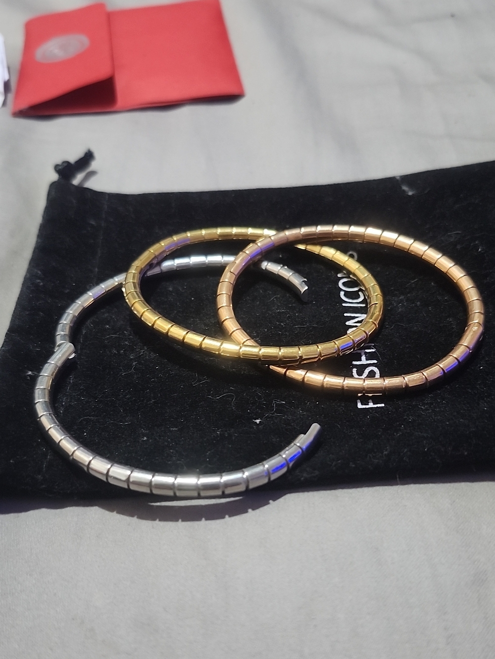 Stackable Metal Coil Bangle Trio - Gold, Rose Gold & Silver